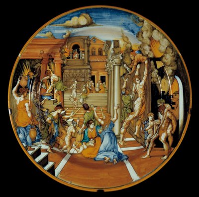Iliad of Homer: Faience Dish Representing the Fire of Troy by Italian School