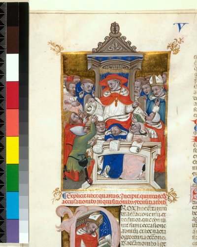 Illuminated Manuscript. Novella in Decretales. Beginning of Book V, De accusationibus, inquisitionibus et denuntiationibus, c.1355-1365 by Italian School