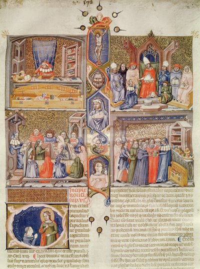 Illumination Divided into Four Scenes: A Juristconsult at his Table; A Pope being Offered a Book; A Lesson in a College of Law; A Bookshop, with a Historiated Capital featuring St. Catherine and an Or by Italian School