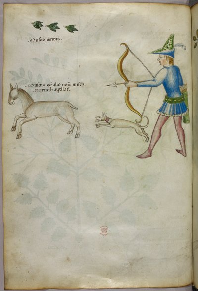 Illustration of a man with a bow shooting at an animal, with a dog, and birds above, c.1440 by Italian School