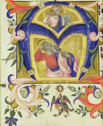 Initial A depicting Jesus Christ and a saint, early 14th century by Italian School