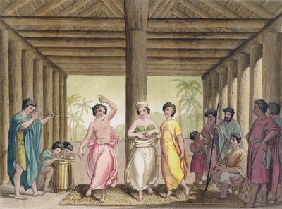 Interior of a Tahitian house with dancing girls, illustration from a collection of early 19th century travel books by Italian School
