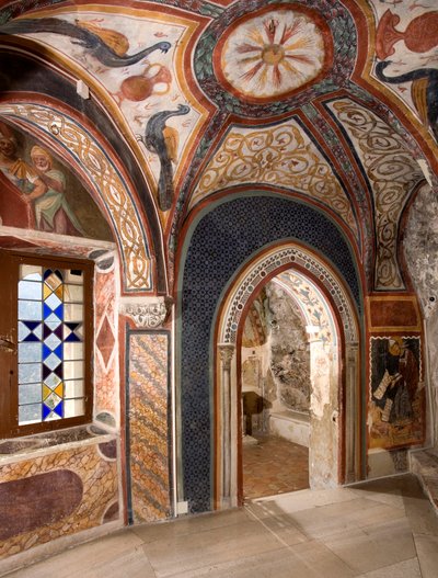 Interior view of the chapel of Saint Gregoire decorated with frescoes of Byzantine influences. Monastery of Saint Benedetto, Subiaco, Italy by Italian School