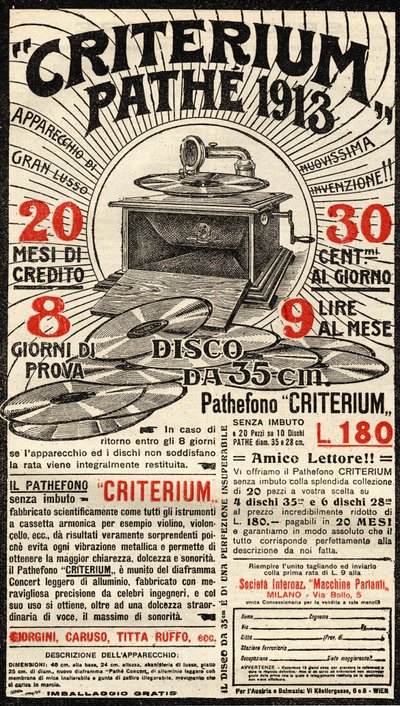 Italian Advertisement of the Criterium Gramophone of the Brand Pathé by Italian School
