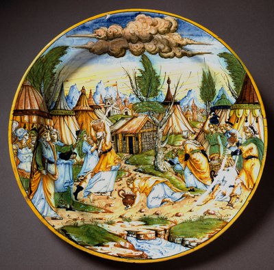 Jews in the desert (or the recuperation of manna). God feeds Israelites who would starve from quail eggs and manna. Ceramic plate produced in Urbino in the workshop Fontana, Italy. Circa 1560. National Museum of Bargello, Florence, Italy by Italian School
