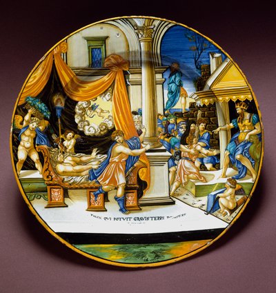 Joseph and the wife of Potiphar. Joseph fleeing from the wife of Potiphar seeking to seduce him. Ceramic plate produced in Urbino, Italy. Circa 1537. National Museum of Bargello, Florence, Italy by Italian School