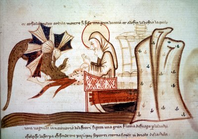 Journey of Saint Brandan - Meeting of Saint Brendan (Brandan), monk navigator of the 6th century with a flying marine monster. Manuscript Venice, 2nd half of the 14th century Paris, BNF, Manuscripts, Italian 1708, f. 16 by Italian School