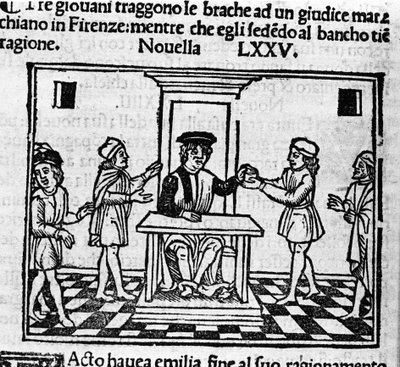 Judgement scene in Florence. Illustration for the news 75 (New 5 of the eighth day) of the 