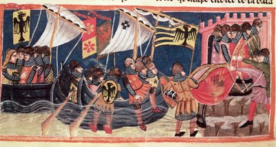 Julius Caesar (100-44 BC) landing in England, from Le Vite di Dodici Cesari by Gaius Suetonius Tranquillus by Italian School