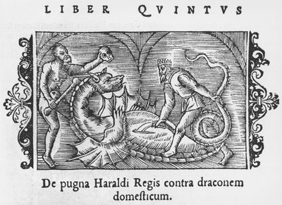 King Harald Fighting a Dragon (illustration from Historia de Gentibus Septentrionalibus by Olaus Magnus, published in Rome, 1555) by Italian School