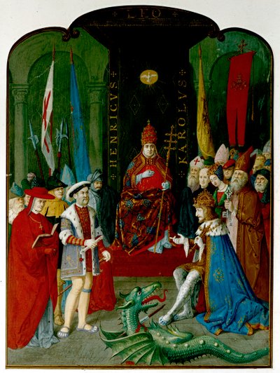 King Henry VIII in dispute with the Emperor Charles V before Pope Leo X. Henry holds a roll, which may be the bull of 1521 granting him the title 