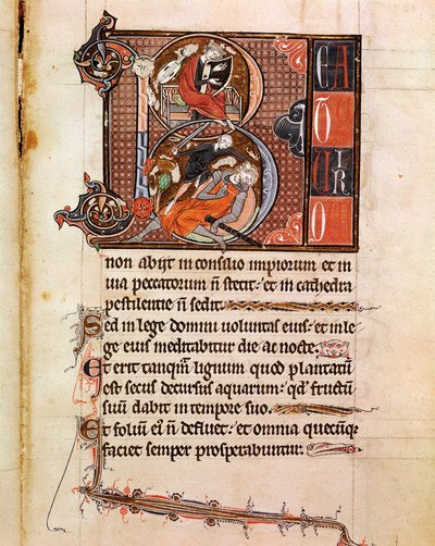 Lettrine B decorated with the representation of King David playing psalterion and who decks Goliath. Page from the manuscript 