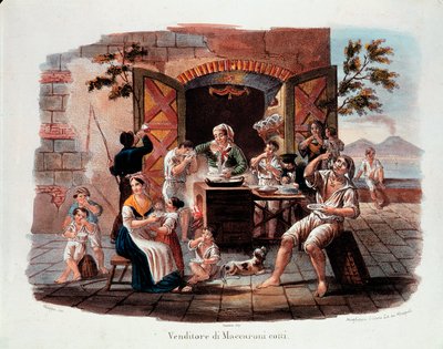 Little Neapolitan metier: a salesman of cooked maccheroni. In the distance the Vesuvius on the bay of Naples. Lithograph of the 19th century. Museo Nazionale delle Paste Alimentari, Fondazione Agnesi, Rome by Italian School