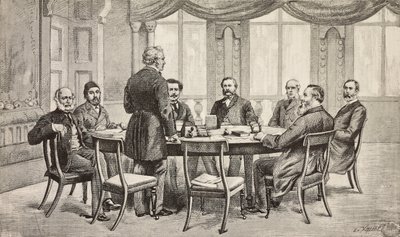 London conference on Egypt, United Kingdom: Count Munster, Musurus Pasha, Granville (standing), Count Nigra, Waddington, De Staal, Childers, Count Karolyi by Italian School