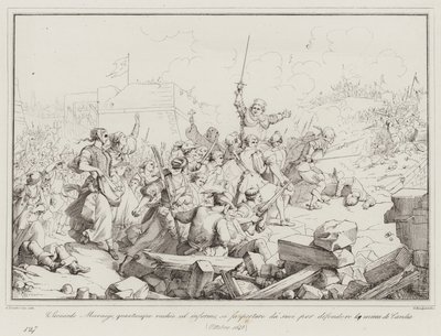 Luigi Leonardo Mocenigo, although old and infirm, has himself carried by his men to defend by Italian School