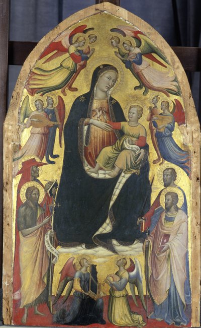 Madonna and Child on a throne of clouds with saints and angels, c.1415-20 by Italian School