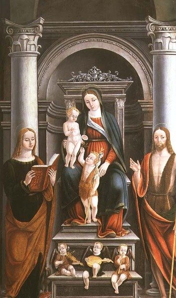 Madonna and Child receiving a rose from the Infant St. John the Baptist, with saints and angels by M.B. by Italian School