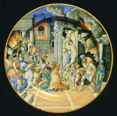 Maiolica plate depicting the burning of Troy with Aeneas carrying his father Anchises on his back with his son Ascanius at his side, Italian by Italian School