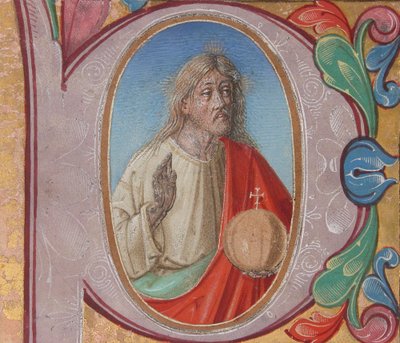 Manuscript Illumination with Salvator Mundi in an Initial P, from a Choir Book by Italian School