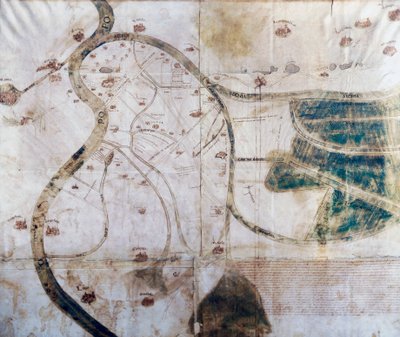 Map of territory of monastery of San Benedetto Po at confluence of Secchia and Mincio into Po, on right areas being reclaimed and drainage canals, Italy by Italian School