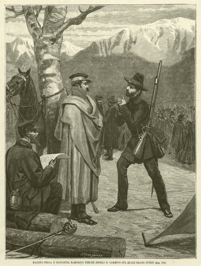Mazzini Prays and Pleads with Ramorino to Resume the Path They Had Agreed Upon (engraving) by Italian School
