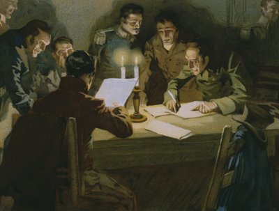 Meeting of the first partisans resisting the occupiers, birth of the Carbonari, illustration from an album on the history of Risorgimento made for the chocolate Talmone by Italian School
