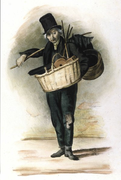 Milanese Metier: a reparator of umbrellas, umbrellas and bellows. Engraving by Locarno from 1830 by Italian School