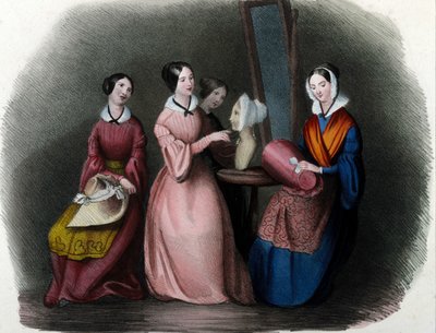 Milanese metier: young women fashioned hats. 1830 Locarno engraving. by Italian School