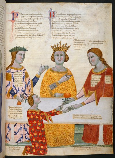 Miniature of the Judgement of Paris, with Pallas Athena, Juno and Venus sitting at a table, and Paris giving an olive branch to Venus, illustration from Address in verse to Robert of Anjou, King of Naples, from the town of Prato in Tuscany by Italian School