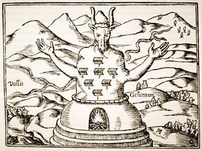 Moloch, copy of an illustration from Oedipus Aegyptiacus by Athanasius Kirchner, Rome 1652, used in a History of Magic, published late 19th century by Italian School