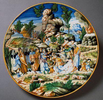 Moses Raises Water from the Rock and Gives a Drink to the People of Israel. Ceramic Plate Produced in Urbino by Italian School