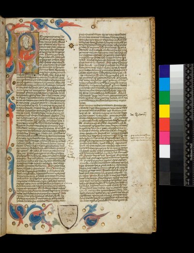 Ms 370. Orosius, Historiarum Adversum Paganos Libri Septem, f.2r. Illuminated Inhabited Initial [P], with Portrait of Author Dressed as a Bishop, and Partial Border with Foliate Motifs, Bologna or Padua by Italian School