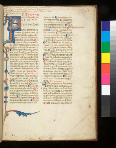 Ms 398. Vegetius, Epitoma Rei Militaris, f.1r. Decorated Initial [P] Extending to Form a Partial Border of Staves and Acanthus, Padua?, Late 13th Century by Italian School