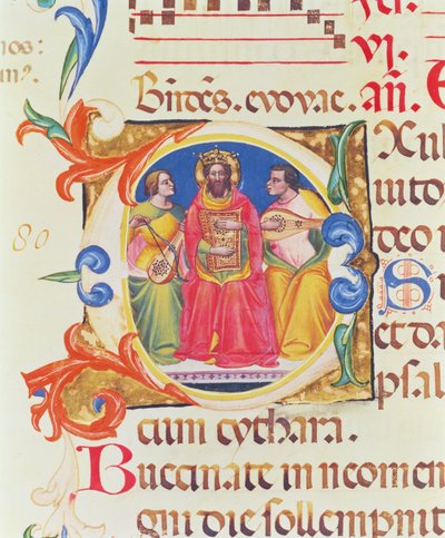 Historiated initial O depicting King David and two angels, from the Psalter of Santa Maria Novella, illuminated by Paolo Soldini 1379 by Italian School