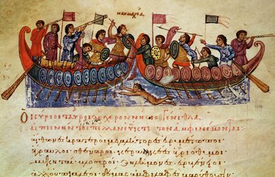 Naval Combat between two Ships, illustration from the Halieutica or the Cynegetica by Oppian by Italian School