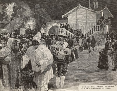 Music kiosk to raise money for blind, Pulcinella mask, Carnival in Naples, Italy, engraving by Gamberoni from L