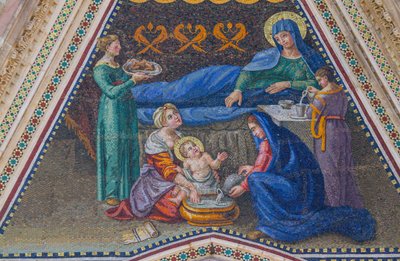 Nativity of Mary, mosaic, gable of side entrance, facade of Orvieto cathedral, Umbria, Italy by Italian School