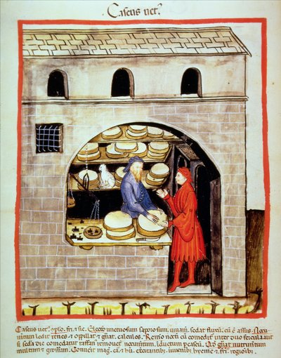 Selling mature cheese, from Tacuinum Sanitatis by Italian School