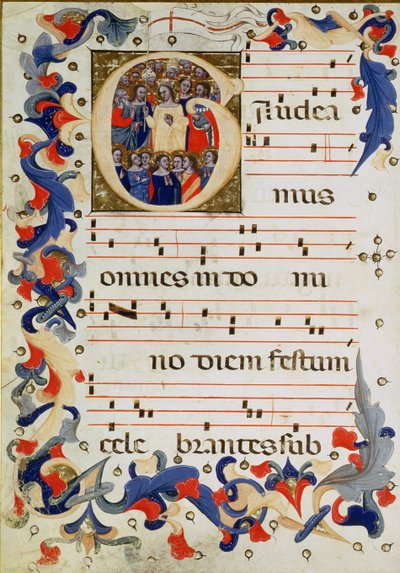 Page of musical notation with a historiated initial G depicting a group of saints with St. Ursula in the middle, Bolognese School by Italian School