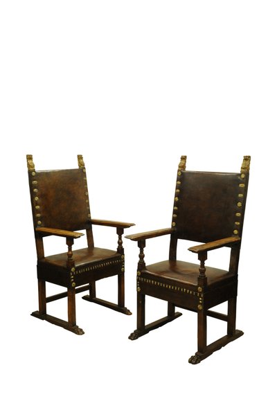 Pair Walnut Leather Upholstered Throne Chairs, Italy c.1660 by Italian School