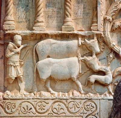 Pilling scene (detail). Low relief from the 12th century. Church of San Pietro de Spoleto by Italian School