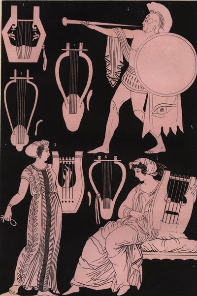 Pipes, lyres and other musical instruments in ancient Greece - Ancient Greek musical instrument - engraving from 