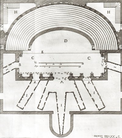 Plan of the Olympic Theatre, Vicenza, designed by Andrea Palladio (1508-80) built in 1580-85 by Italian School