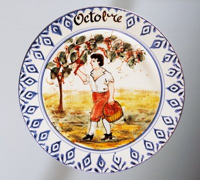 Plate Depicting Months, October, Earthenware, Nove di Bassano Manufacture, Veneto Region, Italy, 20th Century by Italian School