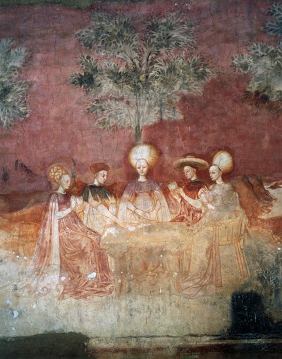 Playing with tarot cards, scene from the Games cycle, ca 1445-1450, fresco, Palazzo Borromeo, Milan by Italian School