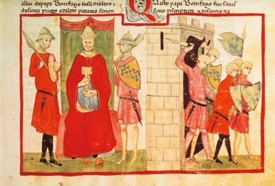 Pope Boniface VIII at Anagni and the expelling of Sciarra Colonna from the city, miniature from the Chronicle of Giovanni Villani, manuscript, Italy 14th Century by Italian School