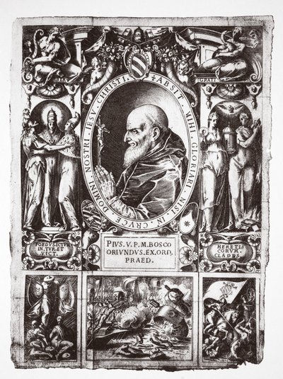 Pope Pius V, with vignettes of the Battle of Lepanto, from Vita del Gloriosissimo Papa Pio Quinto, pub. 1586 by Italian School