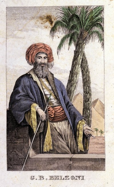 Portrait of Giovanni Battista (Gianbattista) Belzoni (1778-1823), Italian explorer and archeologist, who made important archeological discoveries in Egypt. Engraving - in “Viaggio in Egitto e in Nubia” by Belzoni, Milan by Italian School