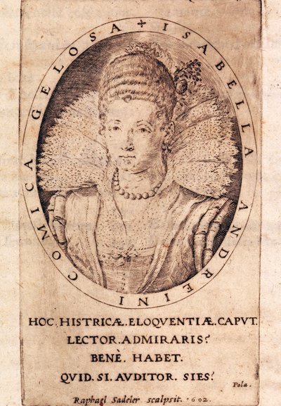 Portrait of Italian actress Andreina Isabella Canali (1562-1604), title page of her letters by Italian School