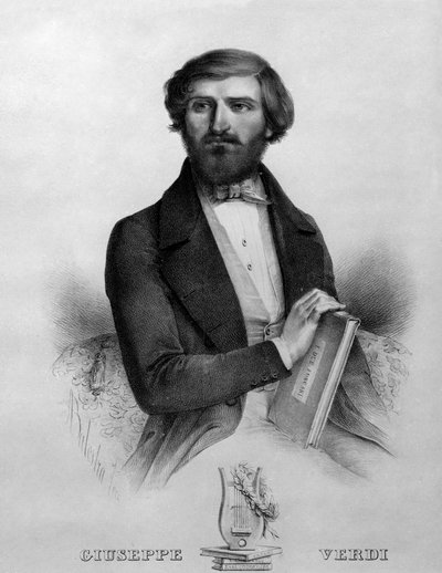 Portrait of the Italian composer Giuseppe Verdi in 1844 with the score of the opera 